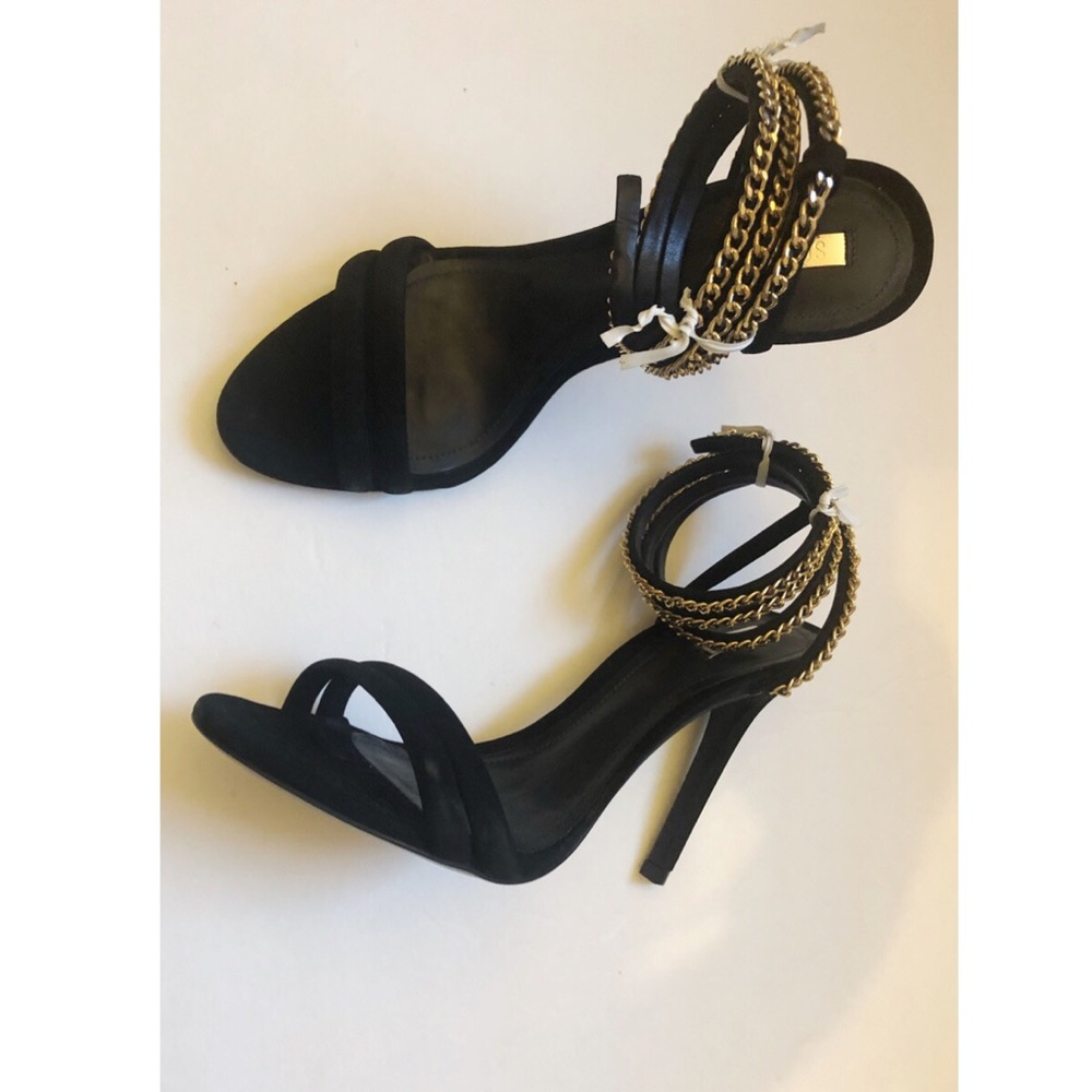 SCHUTZ Black Suede & Gold Chain Wrap Heels